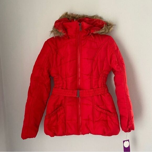 Rampage Faux-Fur-Trim Belted Puffer Coat Red Juniors Small - Picture 1 of 4